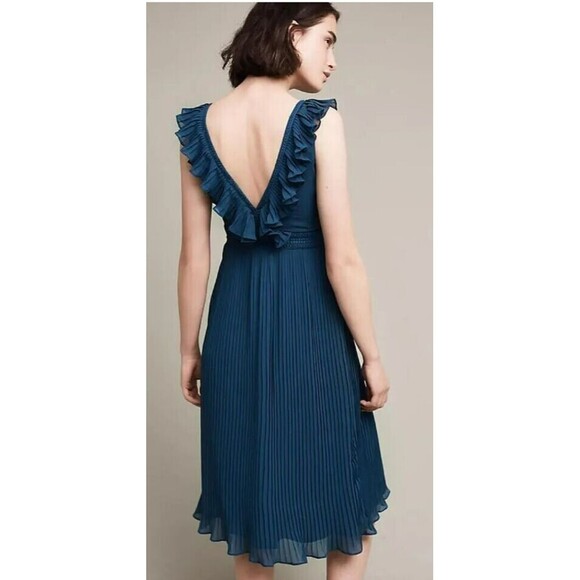 Anthropologie PL Pleated Isere Ruffled Blue V-Neck Dress by Lucy Paris - Picture 3 of 9